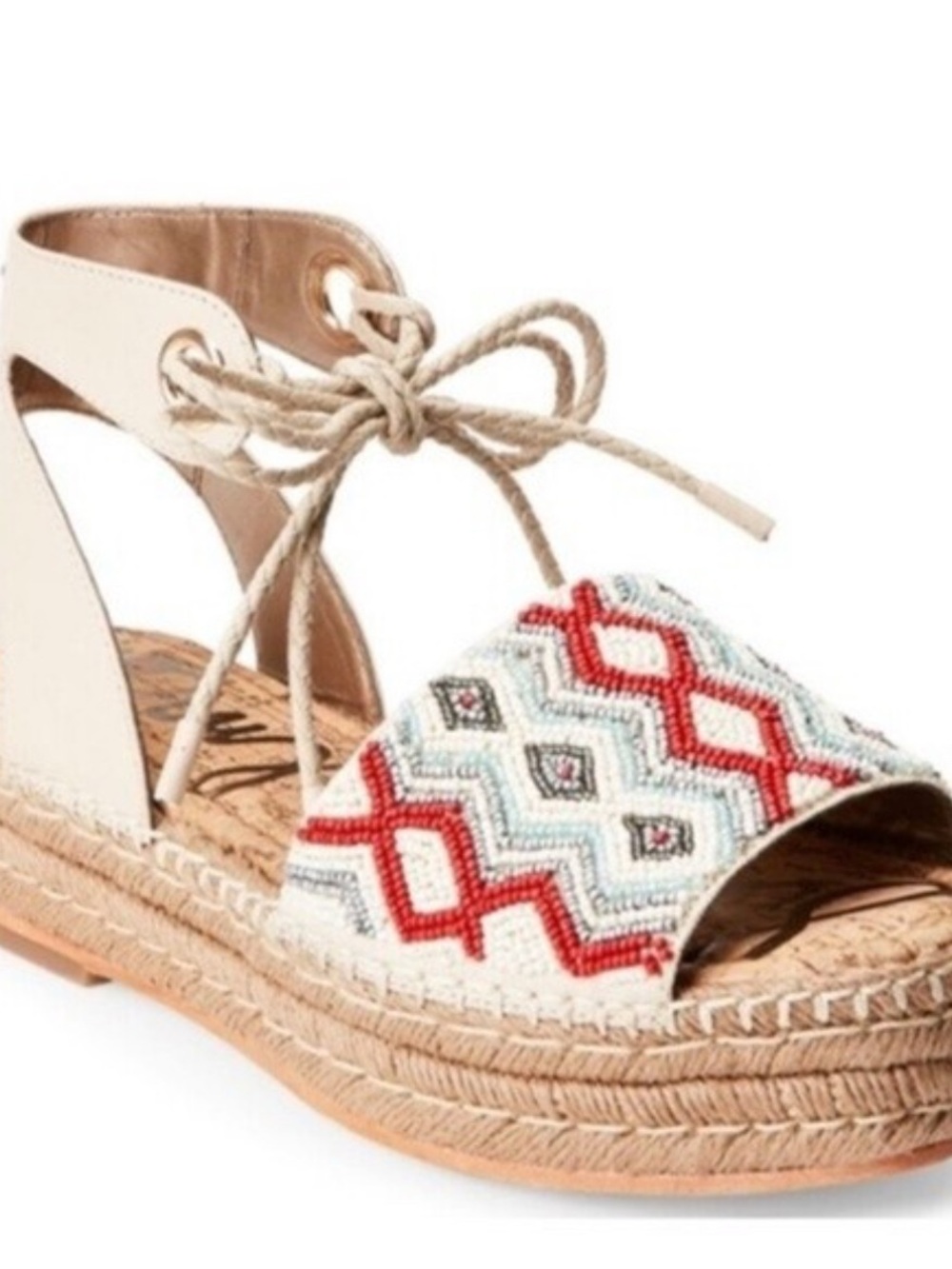 Sam Edelman Red & Cream Embroidered Espadrille Platform Sandal with Ankle Tie